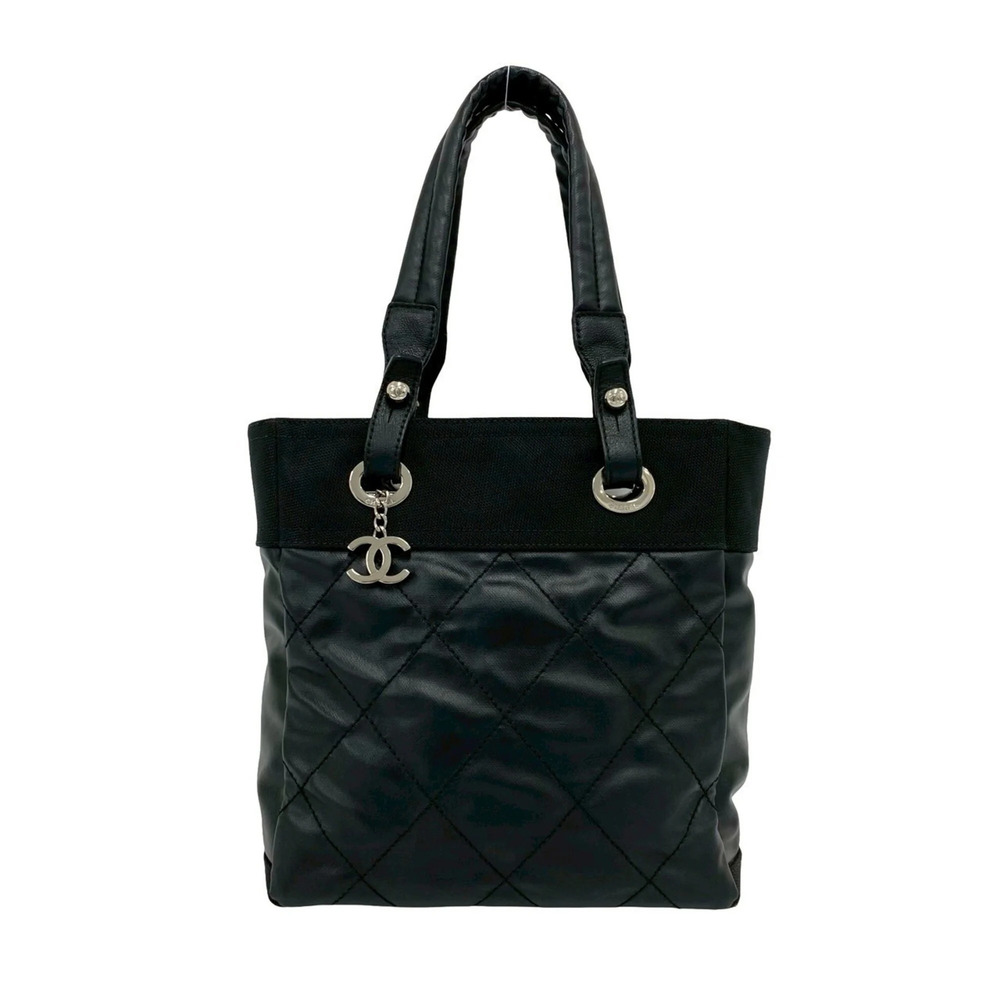 CHANEL Paris Biarritz PM Leather and Canvas Tote Bag/Handbag, Black, 39873